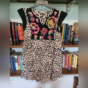 Savanna Jane Cheetah Floral Embroidered Cap Sleeve Shift Dress Womens Size small